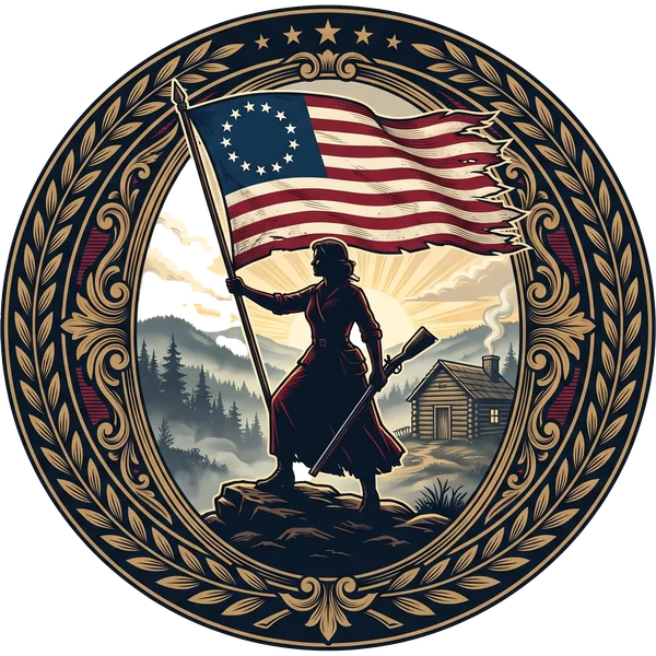 Patriot Daughters seal: a woman holding the flag of 1776 above a frontier cabin
